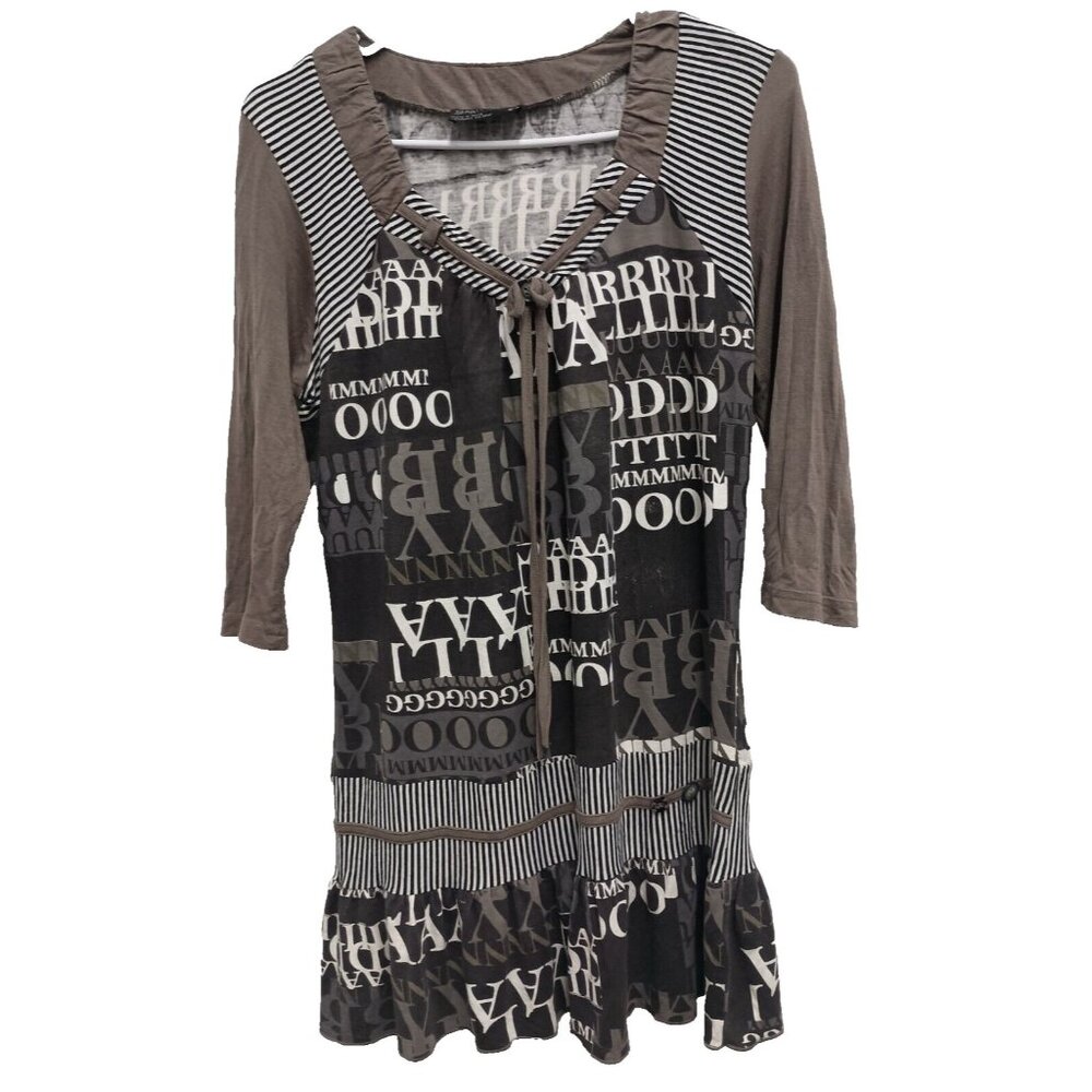 Tango Mango Artsy Tunic Top Womens Small Brown Graphic Ruffle 3/4 Sleeve